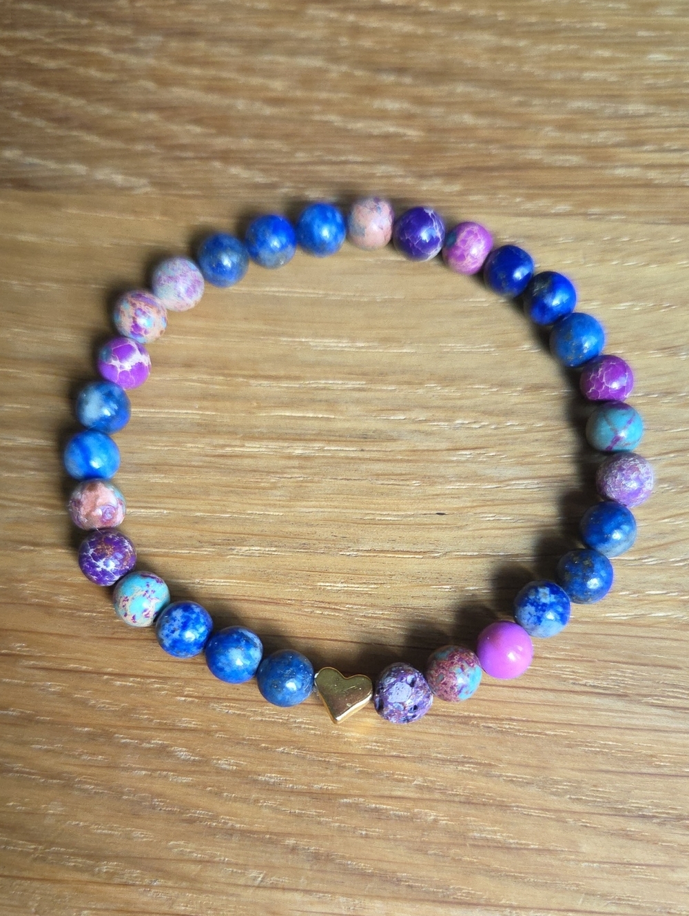 Lapis Lazuli & Imerial Sea Sediment Jasper Beaded Stretch Bracelet | Handmade - Picture 2 of 9